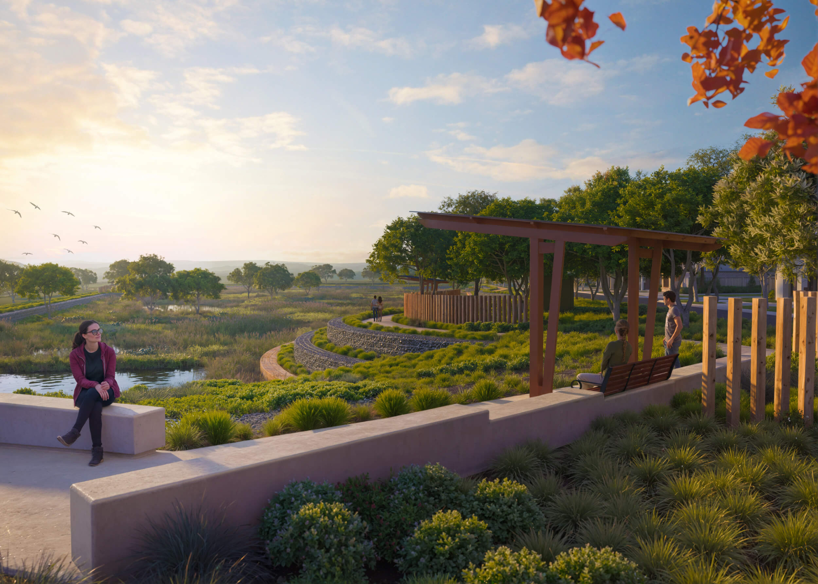 An impressive front-entry wetland will feature a range of indigenous and exotic flora, creating a thriving wildlife habitat.